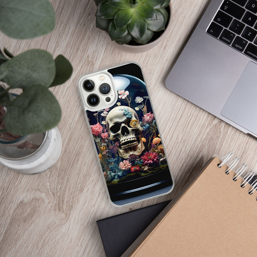 Product image of Eternal Bloom iPhone clear case showing pink blossoms beside the skull