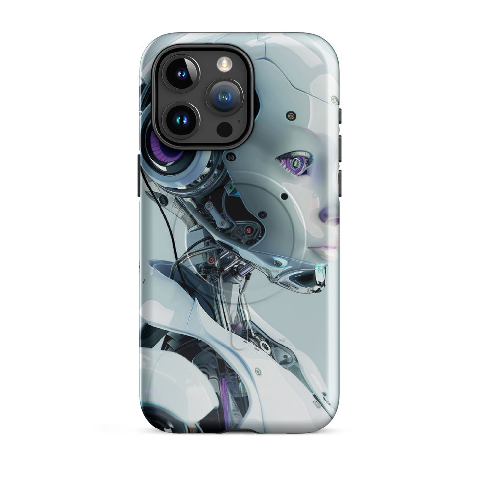 Synth Aurora futuristic android case with metallic face, cybernetic detail and violet energy