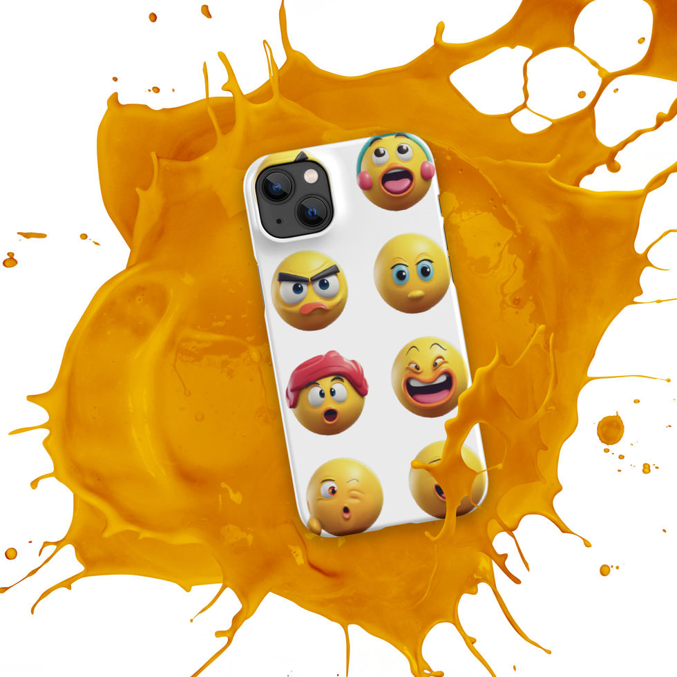Emoji Frenzy snap iPhone case showing cartoon faces below the lens across its printed surface, over an orange paint splash.