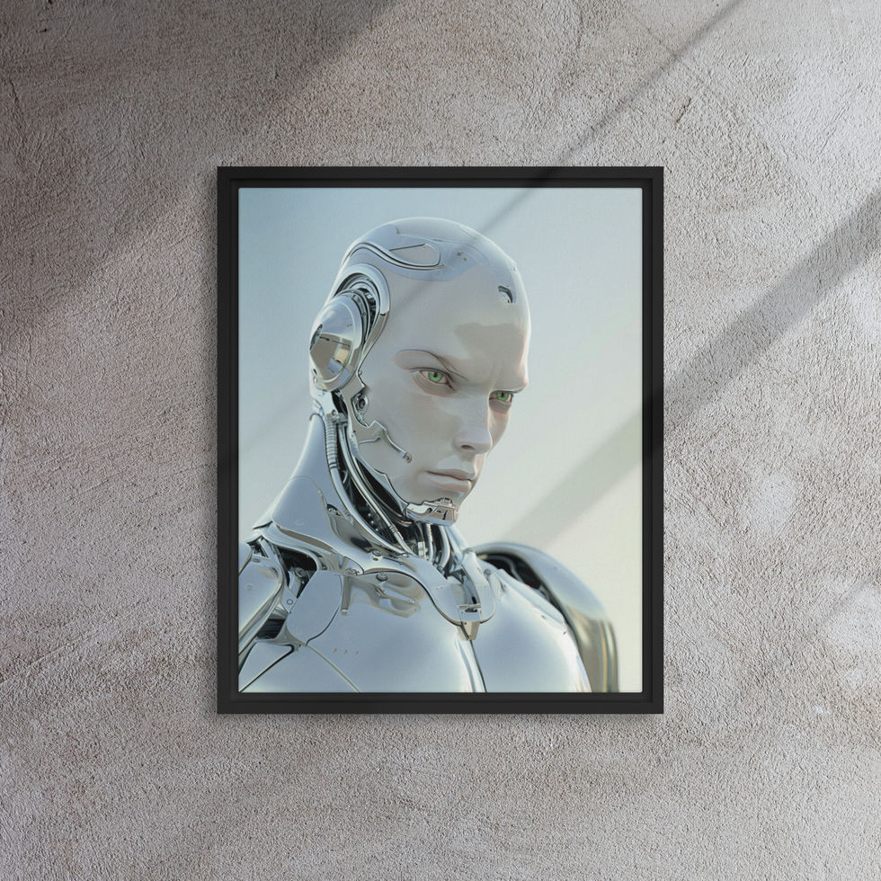 Futuristic Sentinel framed canvas: cool grey-blue backdrop framing a silver robotic bust