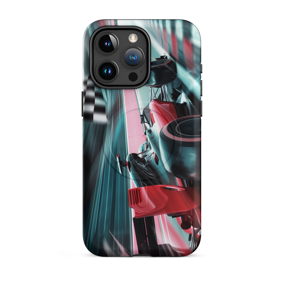 Finish Line Fury MagSafe Tough case for iPhone 15 Pro Max, red race car and teal streaks, rear view on white