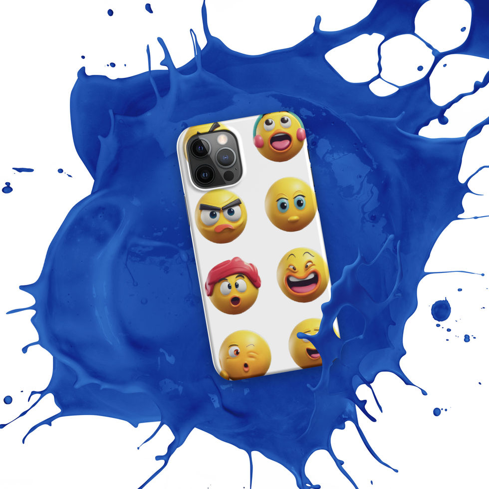 Emoji Frenzy snap iPhone case showing cartoon faces below the lens across its phone back, over a blue paint splash.