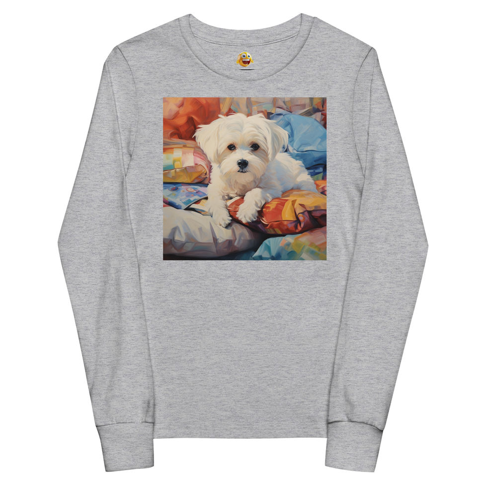Snuggle Pup: grey youth long-sleeve T-shirt with a white puppy nestled among cushions