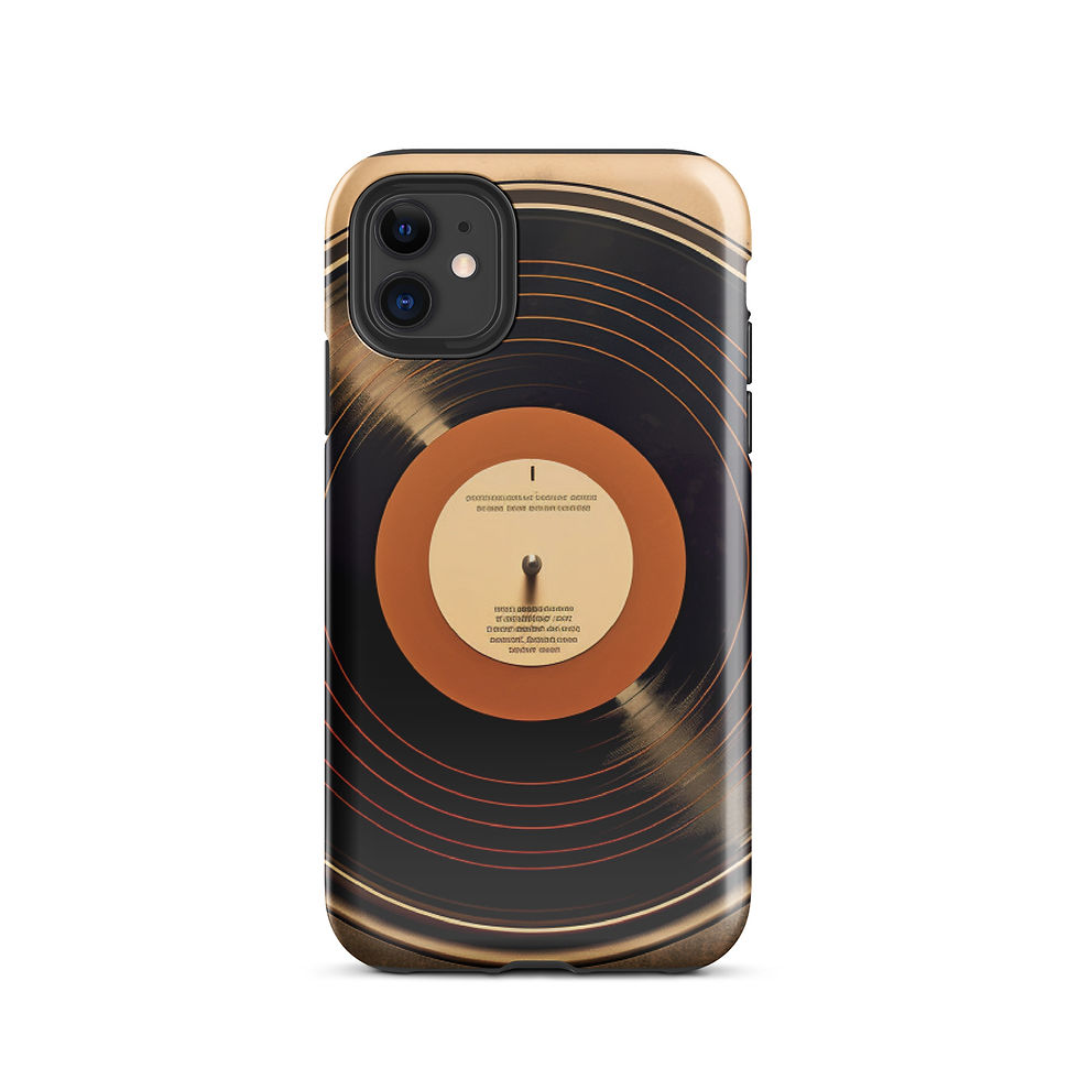 Vintage Vibes protective iPhone Tough Case upright view on a dark desk with elegant accessories, image 2.