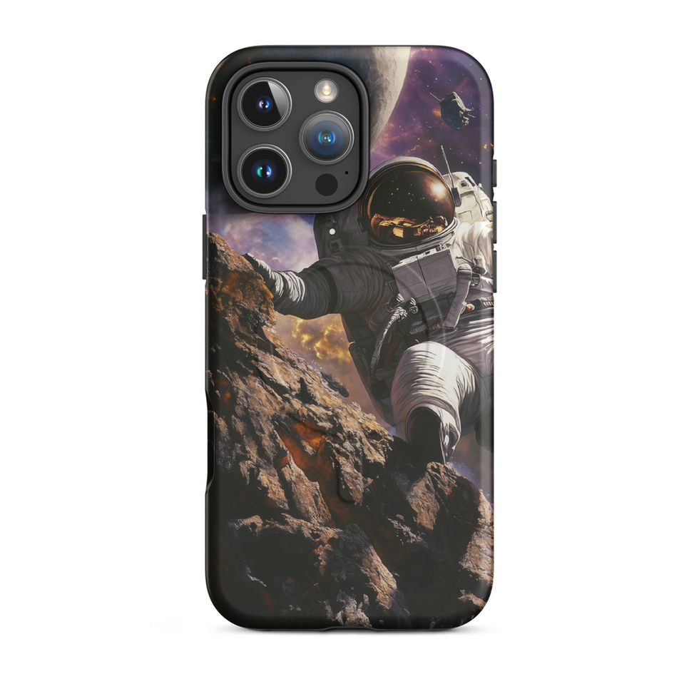 Nebula Wanderer space case with a full-back illustration of a suited astronaut and violet sky