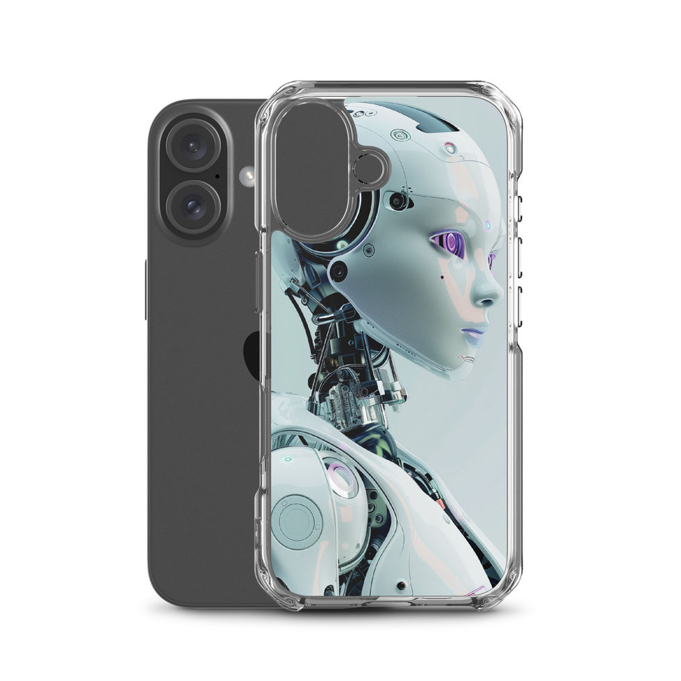 iPhone case edge detail with a futuristic female robot portrait