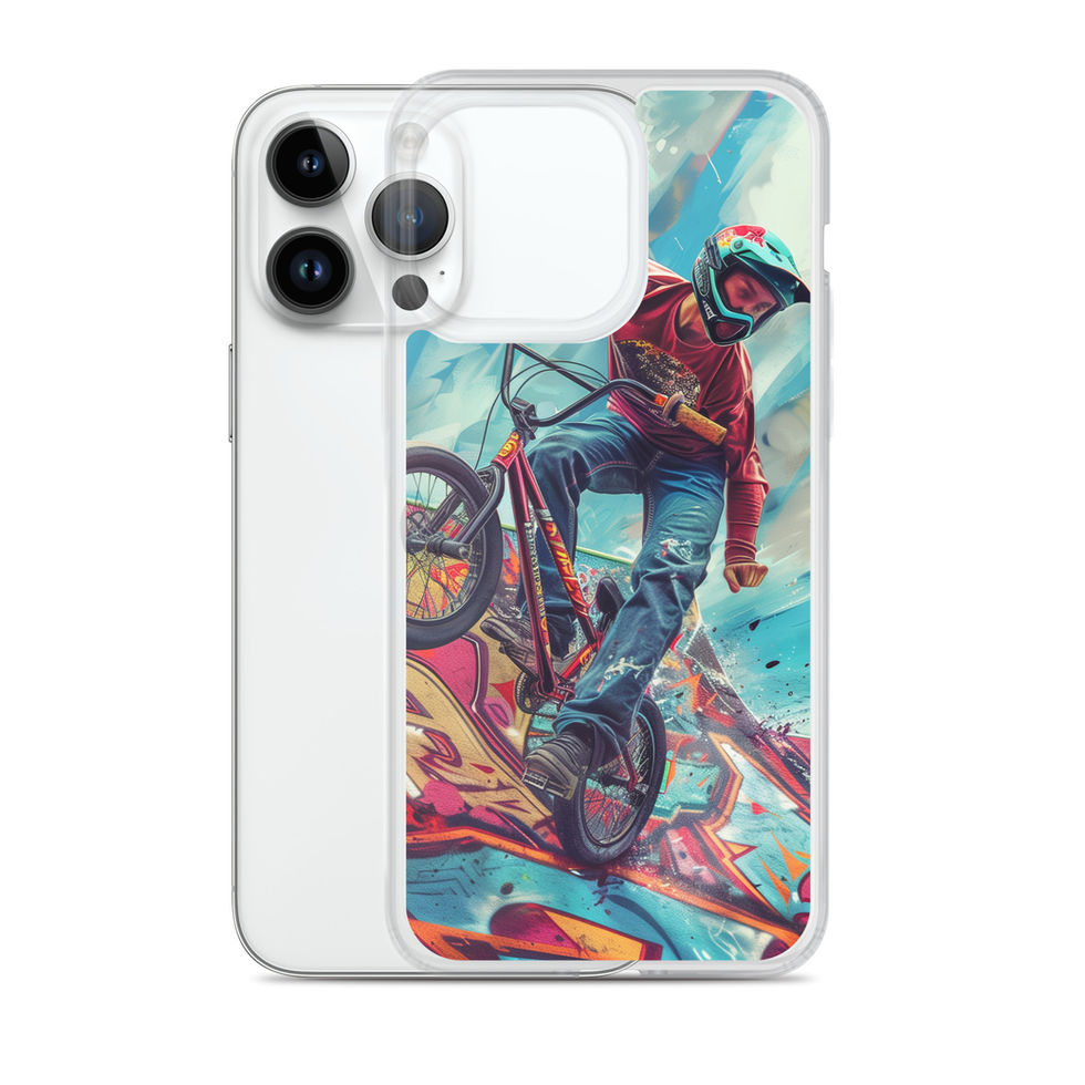 Ramp Rebel Clear case for iPhone 14 Pro Max, red-jacketed BMX rider and graffiti, rear view on white