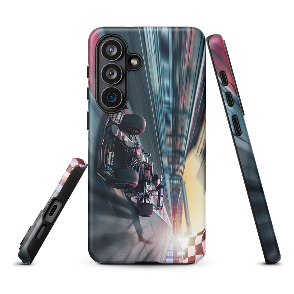 Final Lap Tough case for Galaxy S26 Plus, dark race car and blurred track artwork, rear and side views on white