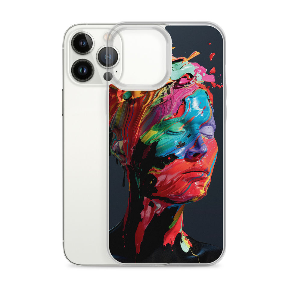 Melting Visions clear iPhone case with surreal colourful portrait artwork, camera surround detail, image 19