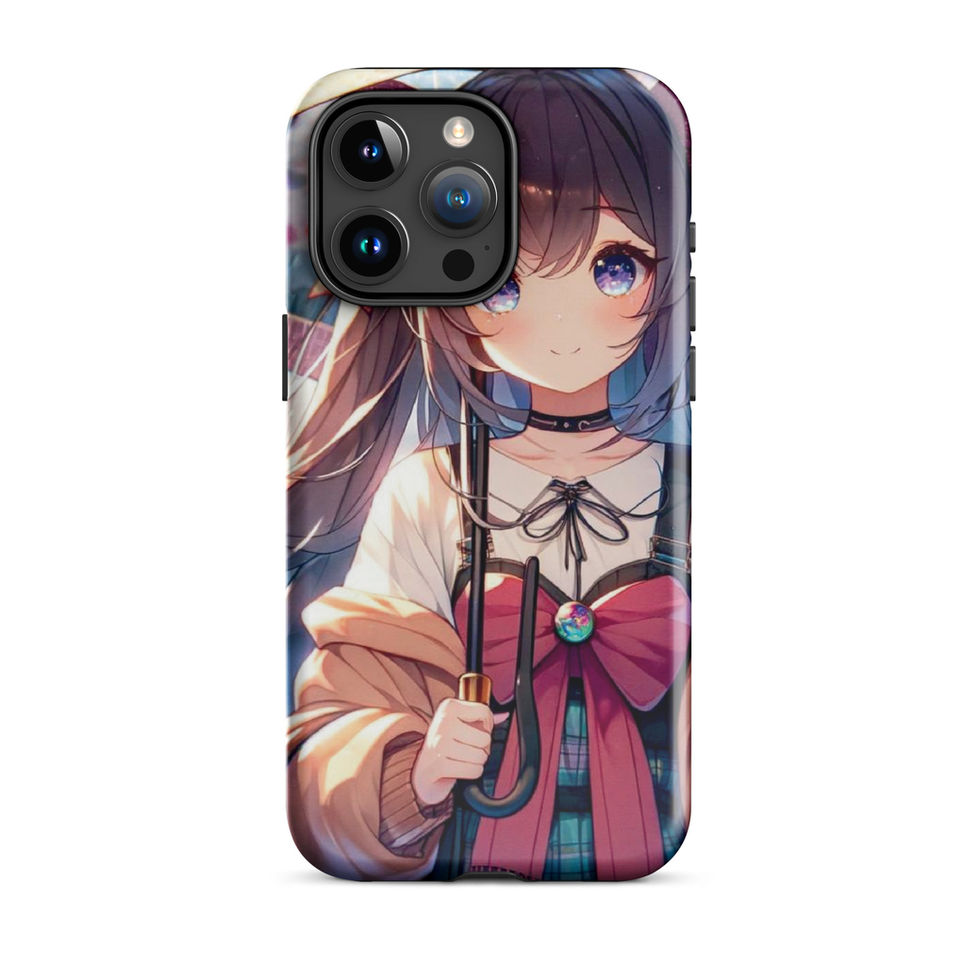 Rainy Day Elegance iPhone tough case, back design showing bright blue eyes and brown bangs.