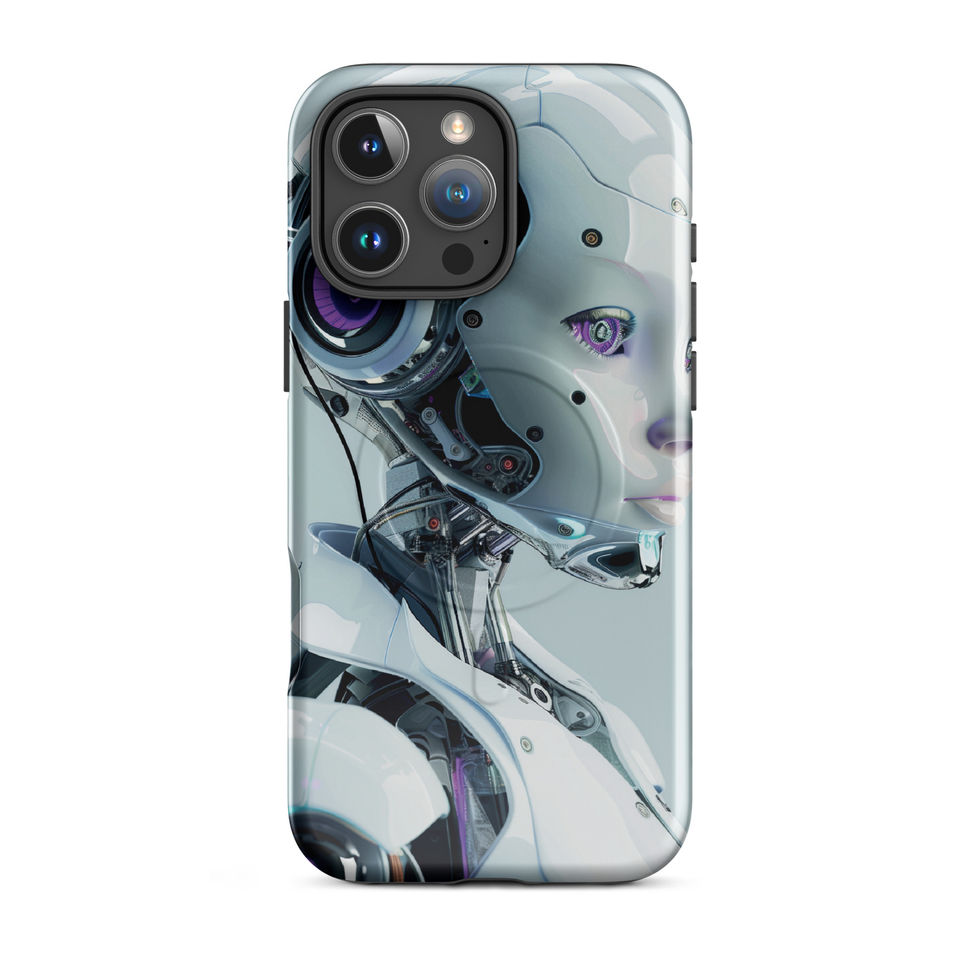 Synth Aurora futuristic AI artwork iPhone case with polished mechanical head and neck