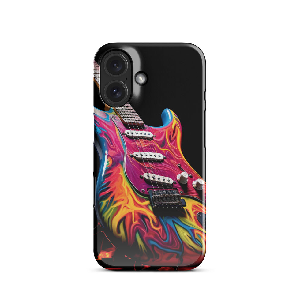 Flaming Riffs slim iPhone Snap Case on a bright desk arrangement, featuring the flame-wrapped guitar artwork, image 21.