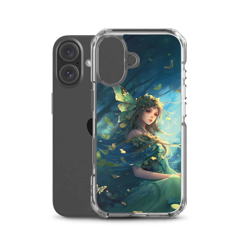 Printed back of Forest Enchantress iPhone clear case showing woman poised amid greenery