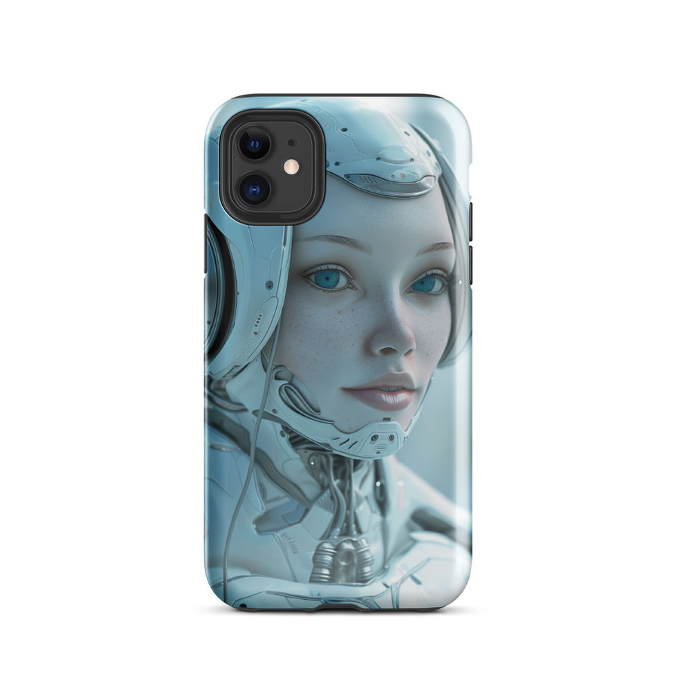 Pearlescent robot portrait with silver-blue facial panels; front product view on an iPhone® Tough Case.