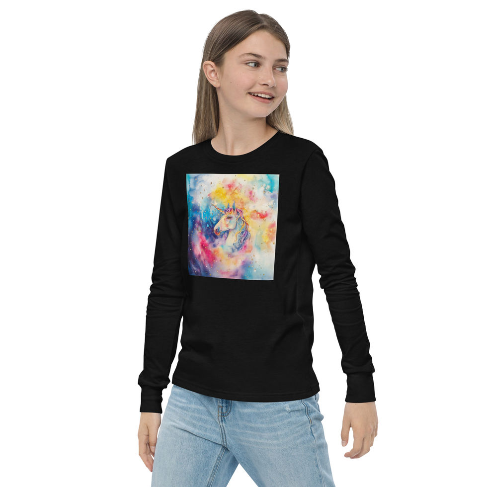 Cosmic Unicorn Glow: black youth long-sleeve T-shirt with colourful unicorn and stars, child looking right