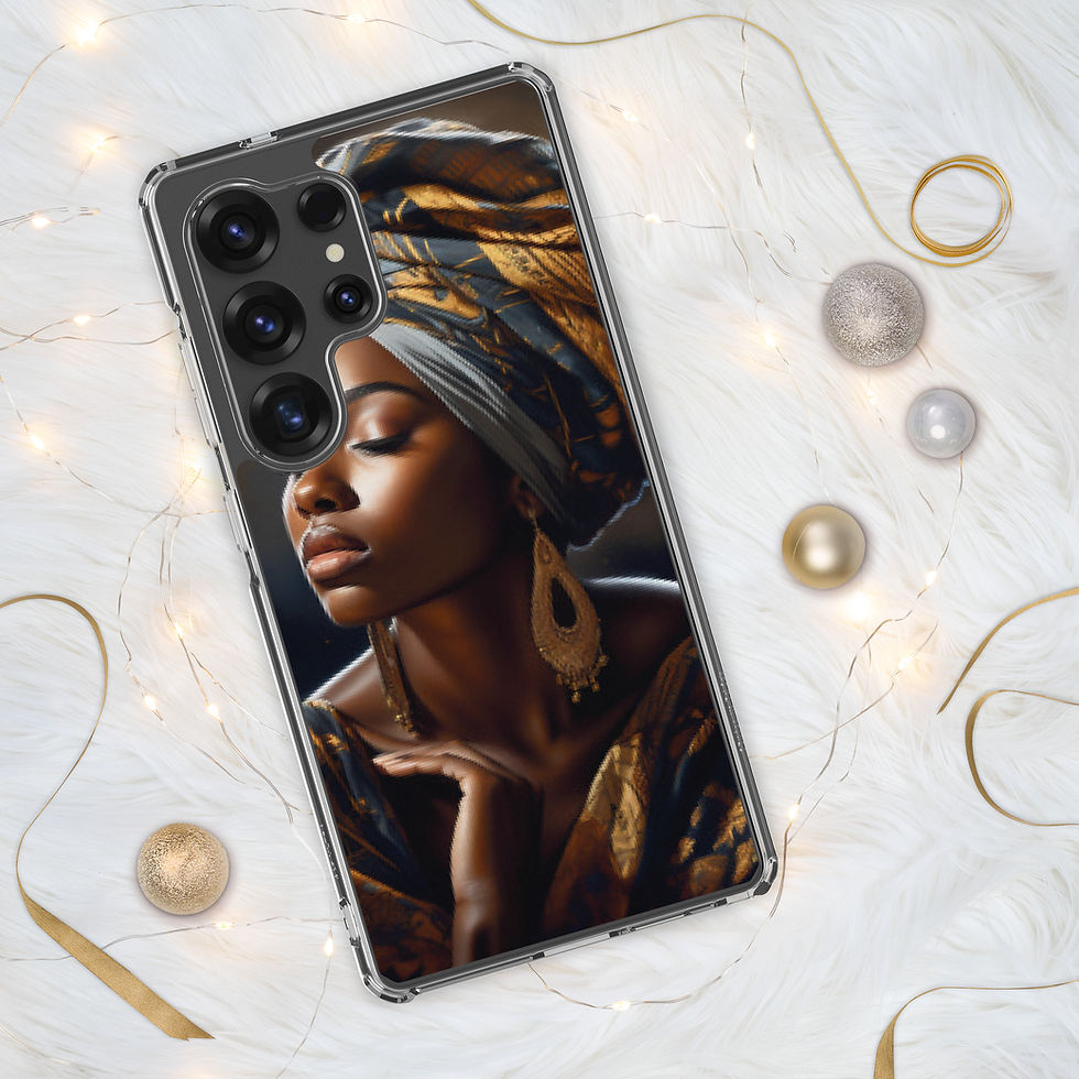 Transparent Samsung case featuring a poised Black woman wrapped in glowing gold