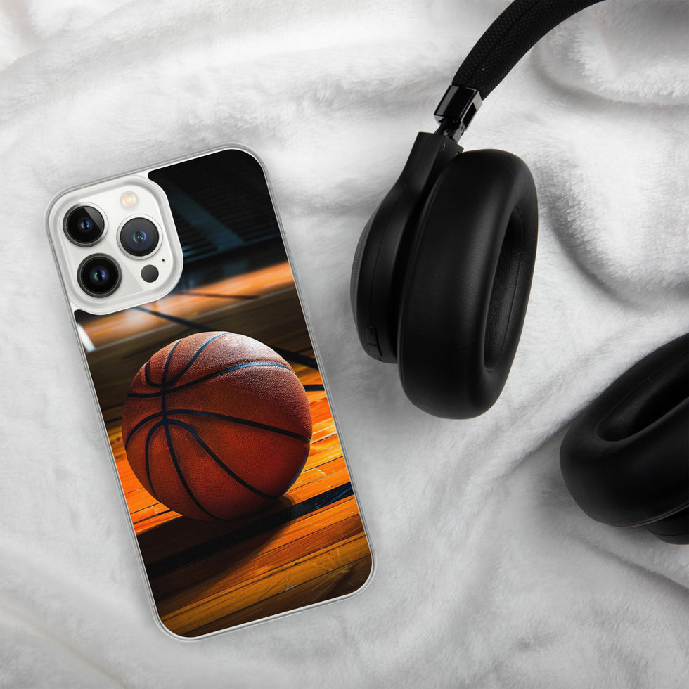 Final Buzzer Clear case for iPhone 13 Pro Max, basketball on timber court artwork, pale fabric beside headphones