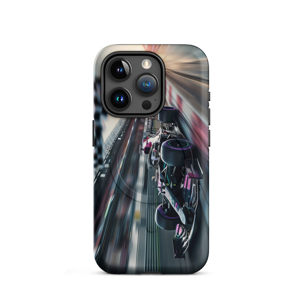 Midnight Velocity MagSafe Tough case for iPhone 15 Pro, race car and night lights, rear view on white