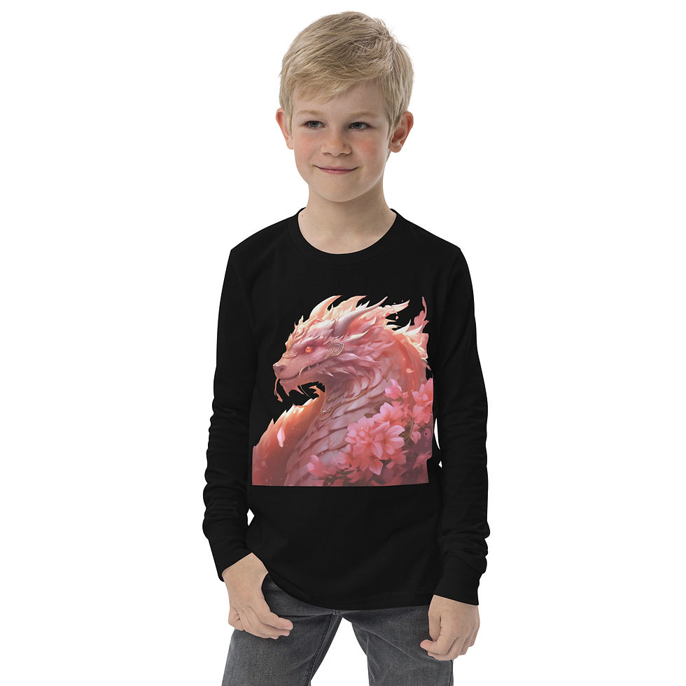 Sakura Majesty: black youth long-sleeve T-shirt with a pink dragon among cherry blossoms, worn by child