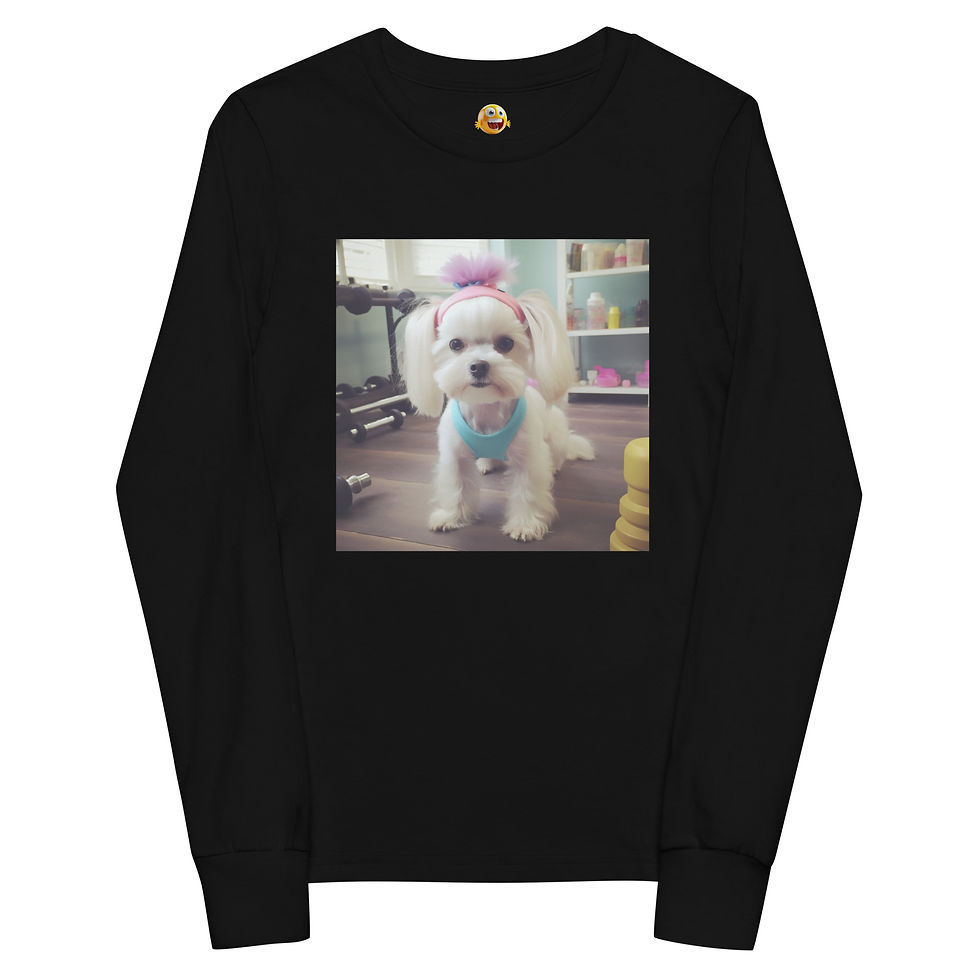 Gym Star Pup: black youth long-sleeve T-shirt with a white puppy in sportswear at a gym