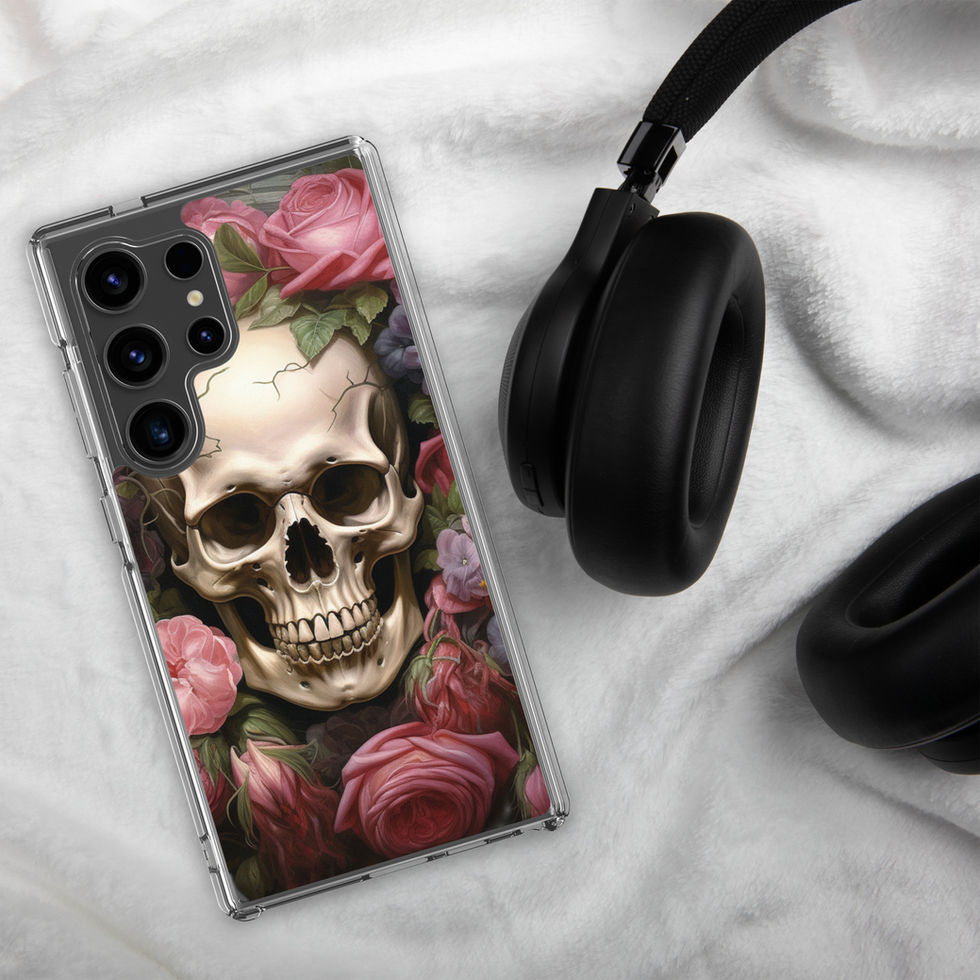 Product image of Crimson Bloom Samsung clear case showing pale skull with shadowed eye sockets