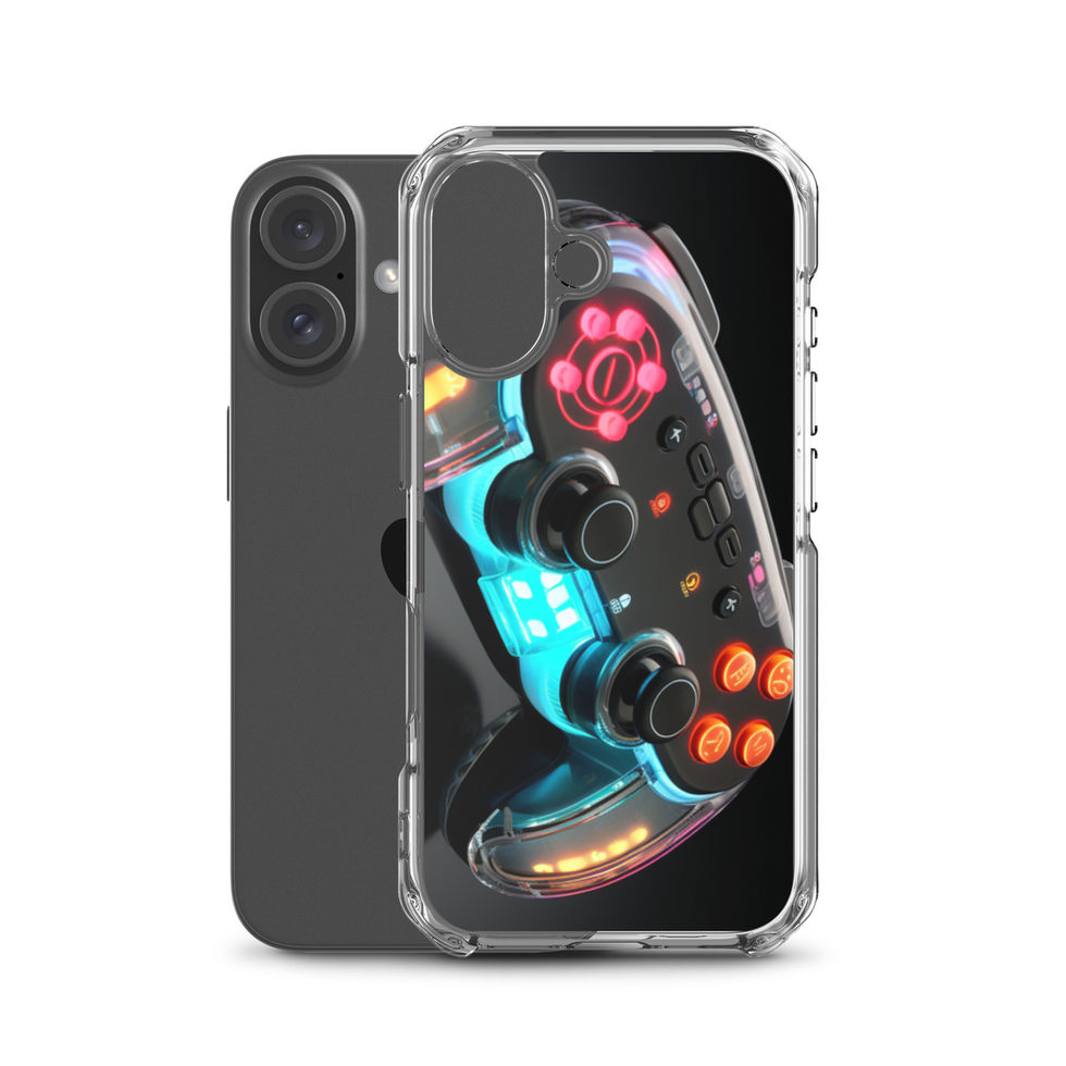 Neon Cyber Controller clear case for iPhone 16 Plus, shown on a bright desk beside a plant and laptop, gallery image 47