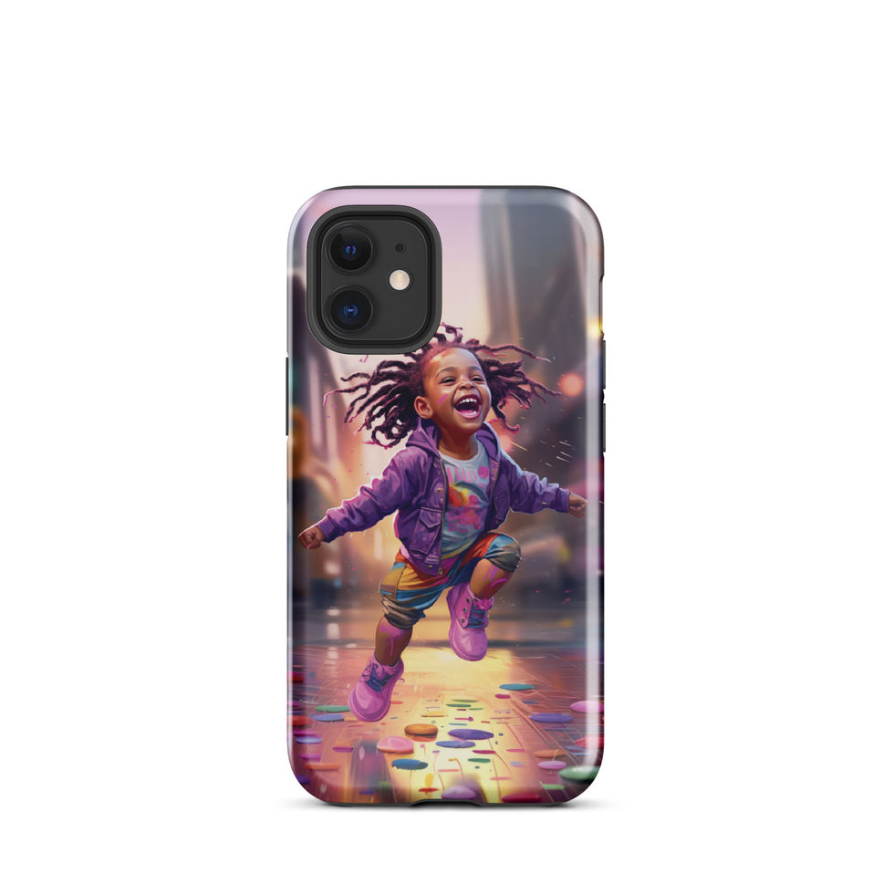 Standard iPhone 12 case displaying a bright urban scene in lively motion