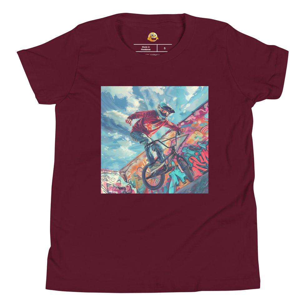 Graffiti Thrill BMX: maroon youth short-sleeve T-shirt with a red-shirted BMX rider over bright graffiti