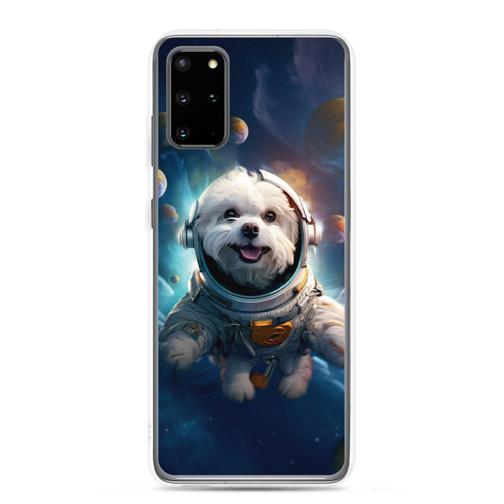 Galactic Voyager cosmic dog Samsung clear case — upright phone mockup 02