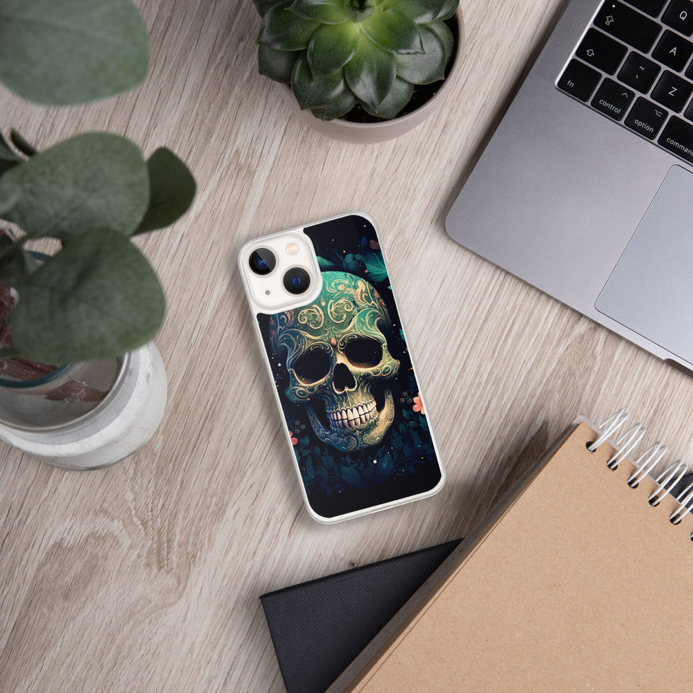 Emerald Requiem clear iPhone case showing contrasting gold teeth and shadowed eye sockets