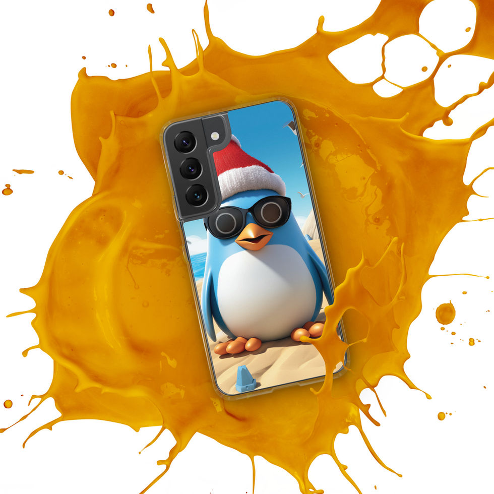 Beach penguin-mockup-25 showing Sandy Chill artwork on a Samsung clear phone case