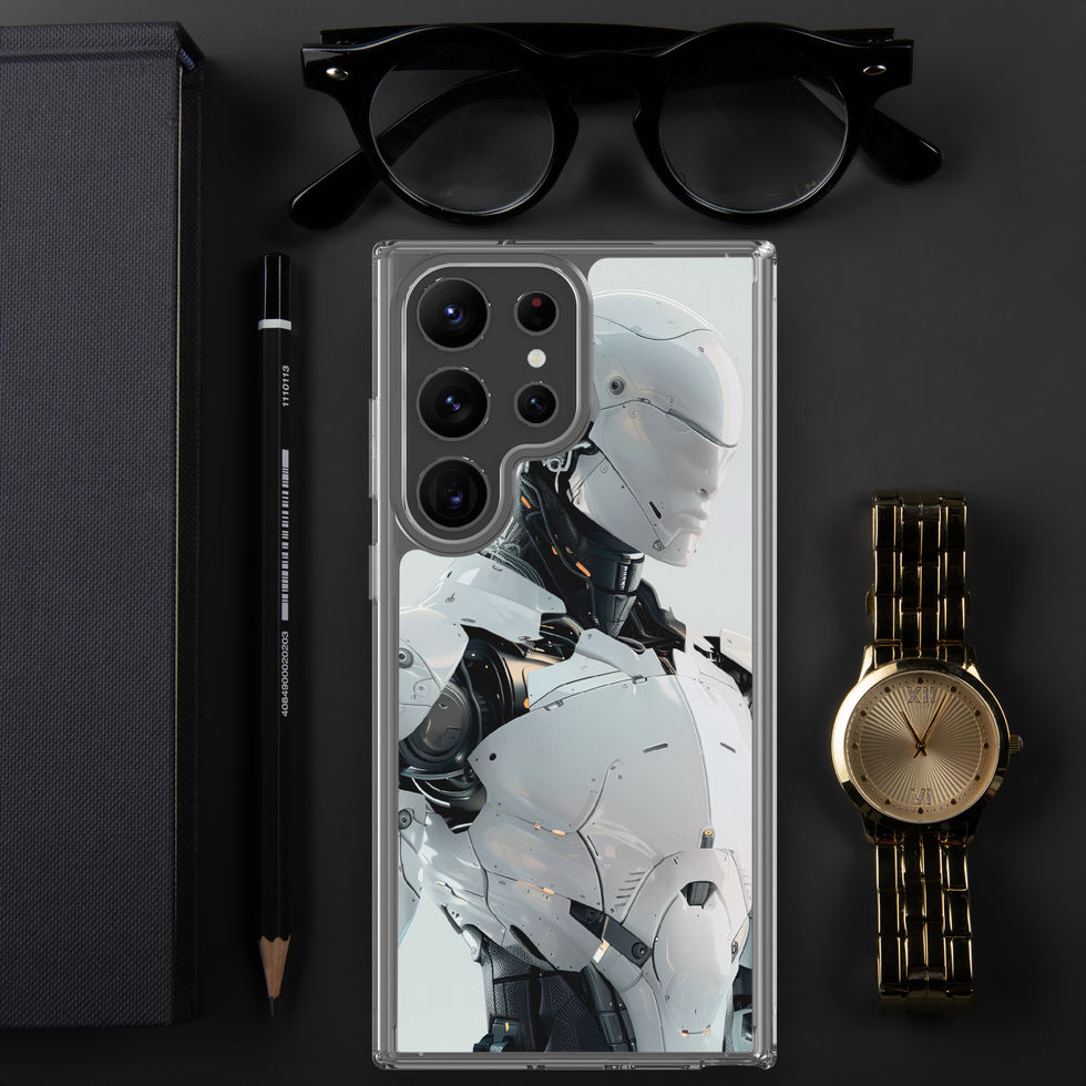 Titan Vanguard clear Samsung case, wireless charging case with sleek black-and-white sci-fi design