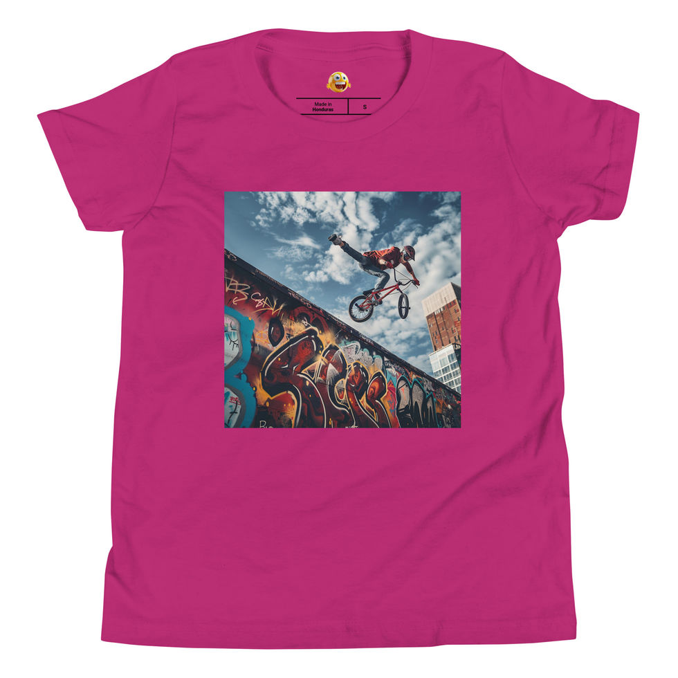 Sky High BMX: berry pink youth short-sleeve T-shirt with a BMX rider above a graffiti ramp under clouds