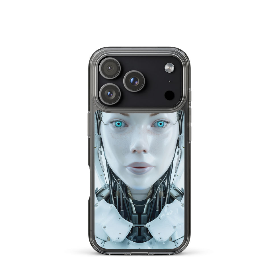 Centred robotic woman in white silver and charcoal on a clear case – transparent-edge phone preview