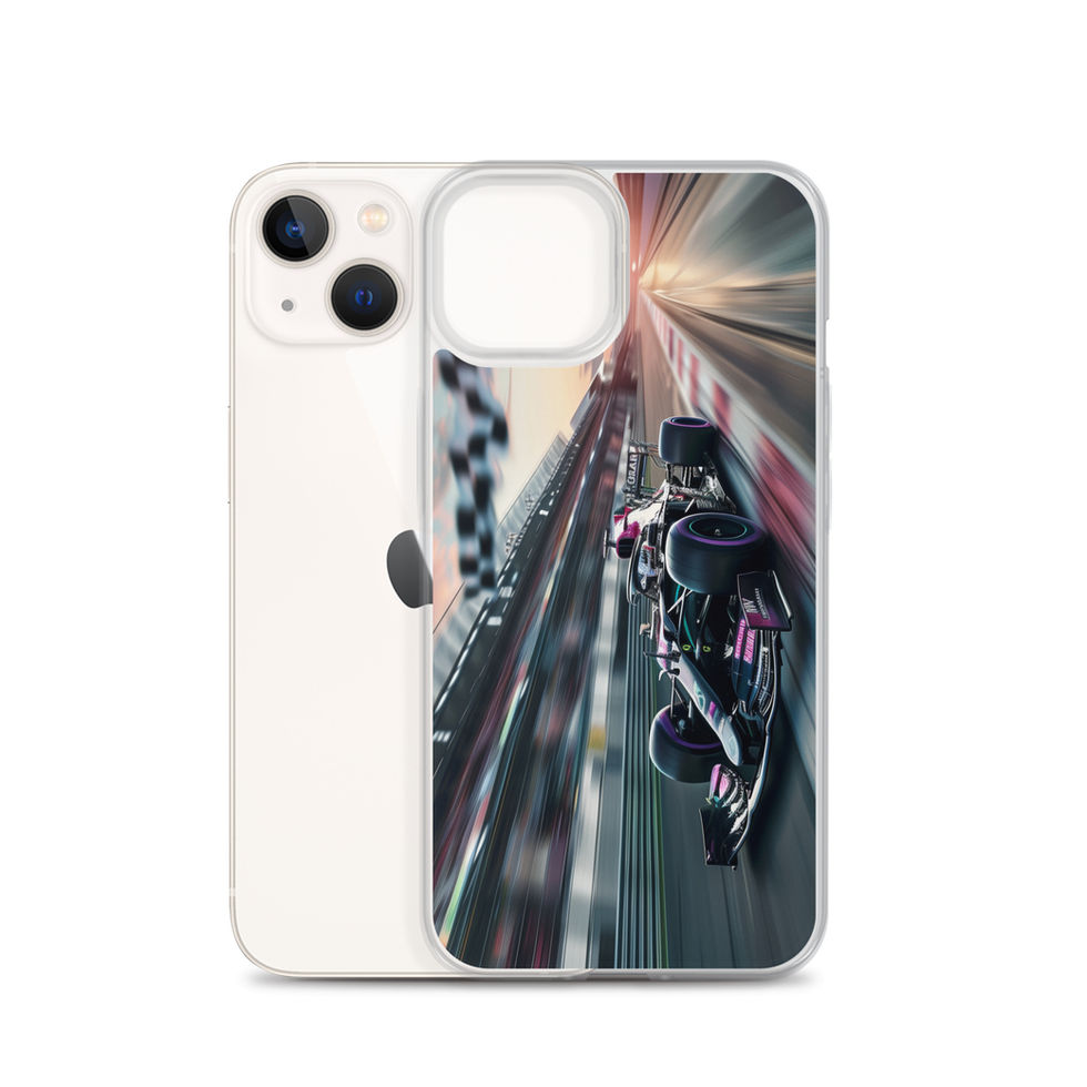 Midnight Velocity Clear case for iPhone 13, race car and night lights, rear view on white