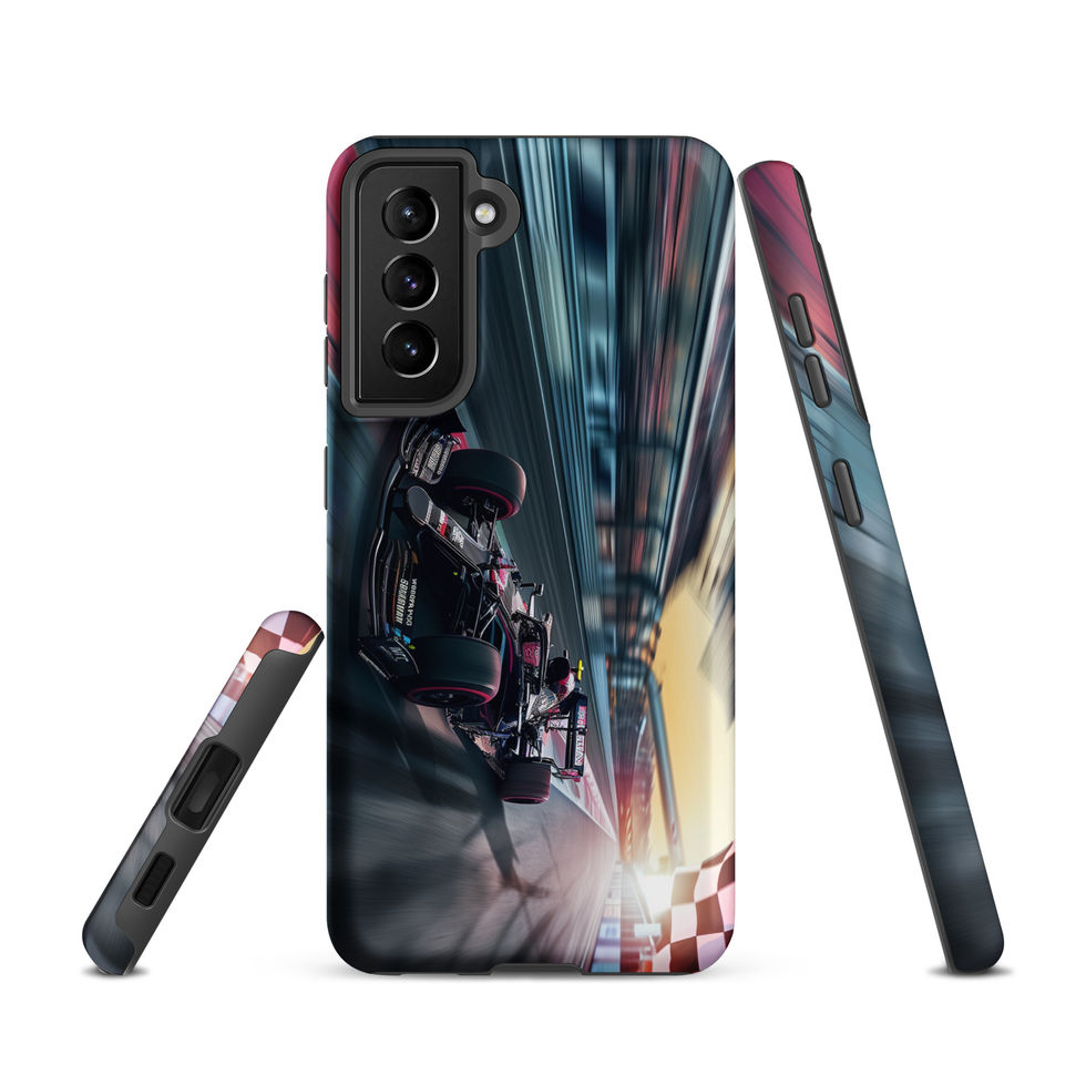 Final Lap Tough case for Galaxy S21, dark race car and blurred track artwork, rear and side views on white