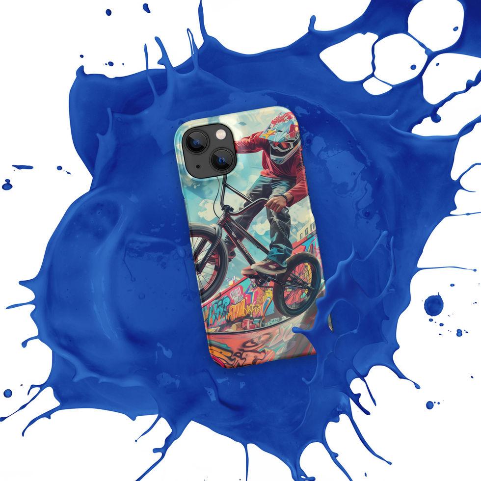 Urban Thrill Snap case for iPhone 14, BMX rider above graffiti ramp, blue paint splash background