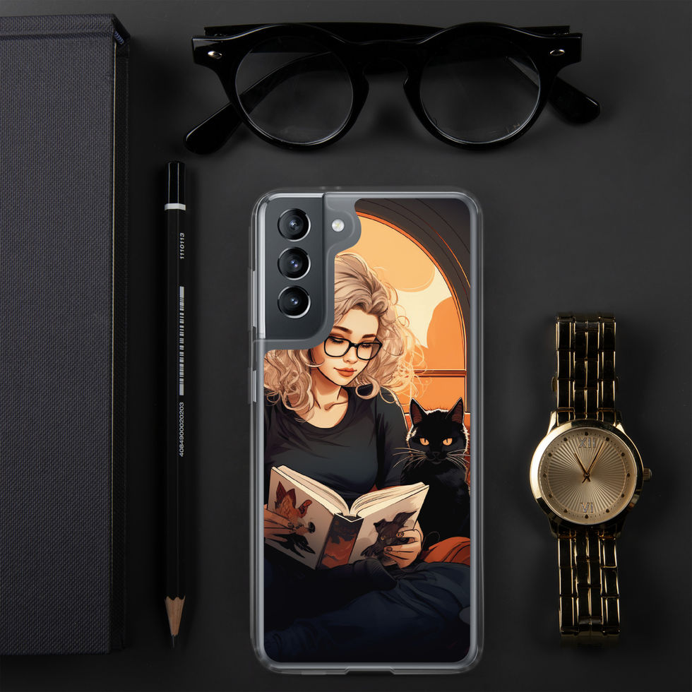 Literary Haven clear Samsung case with glasses above the open pages