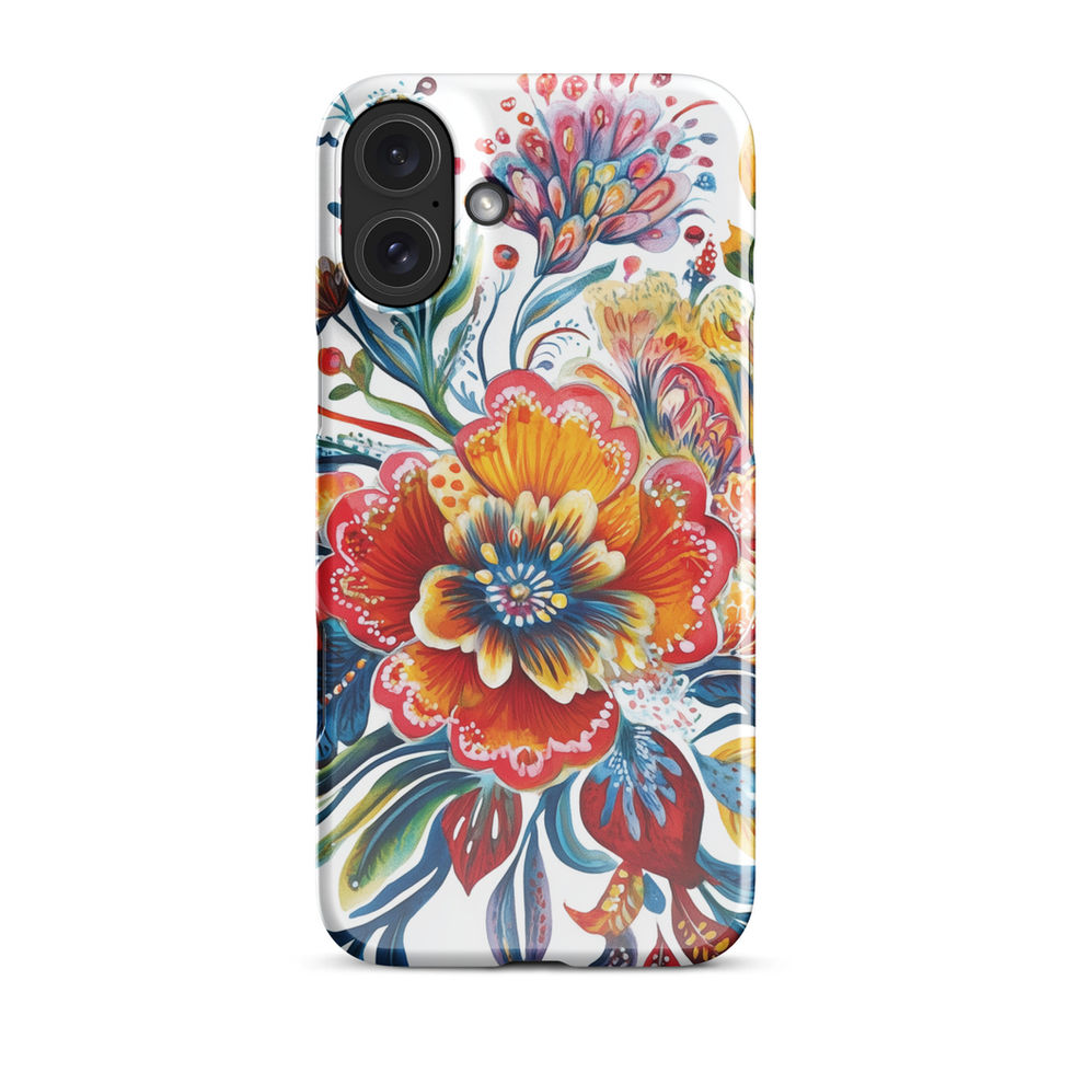 Sunfire Bloom slim snap floral case for iPhone 16 Pro, straight rear view showing the glowing floral artwork