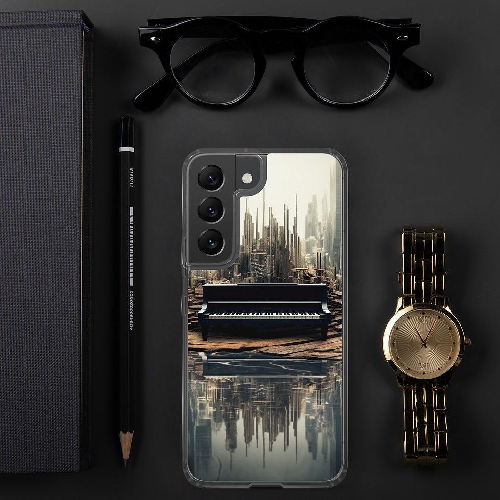 Urban Sonata clear Samsung phone case front view beside black glasses and a wristwatch, image 1.