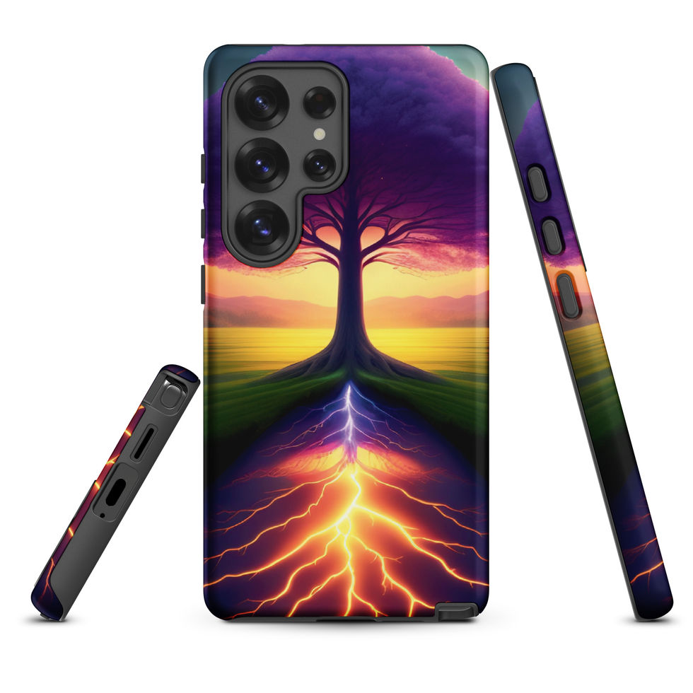 Ethereal Roots tough Samsung case with orange root pattern across the lower back.