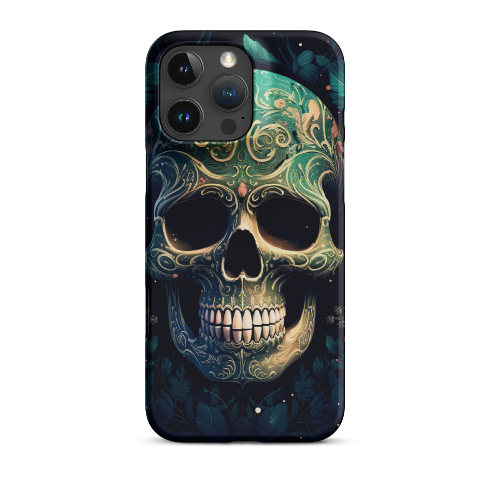 Emerald Requiem snap iPhone case showing the skull artwork against a near-black ground