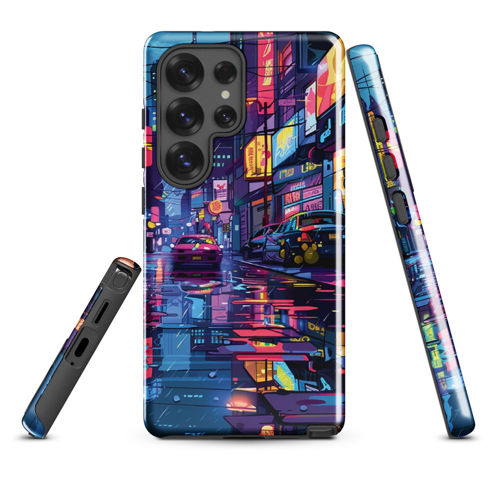 Electric Boulevard Samsung tough case, rear and side views with a blue boulevard with warm yellow highlights.