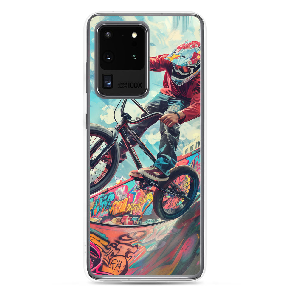 Urban Thrill Clear case for Galaxy S20 Ultra, BMX rider above graffiti ramp, rear view on white background