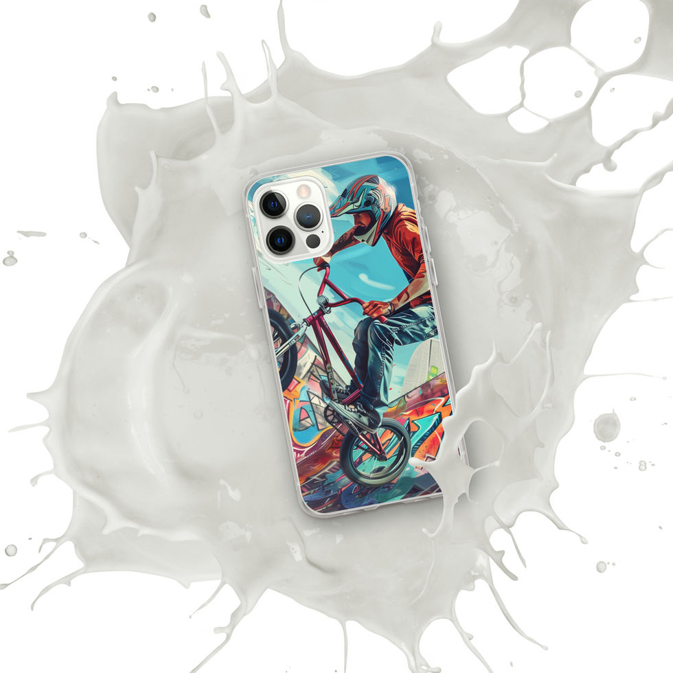 Urban Freestyle Clear case for iPhone 12 Pro, BMX rider and colourful graffiti, white paint splash background