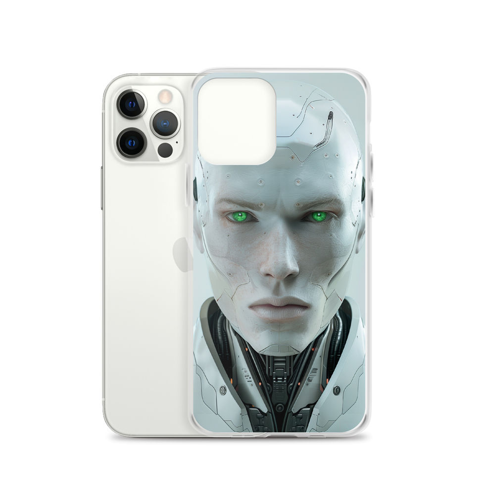pale futuristic AI robot on iPhone clear protective case, upright studio product view