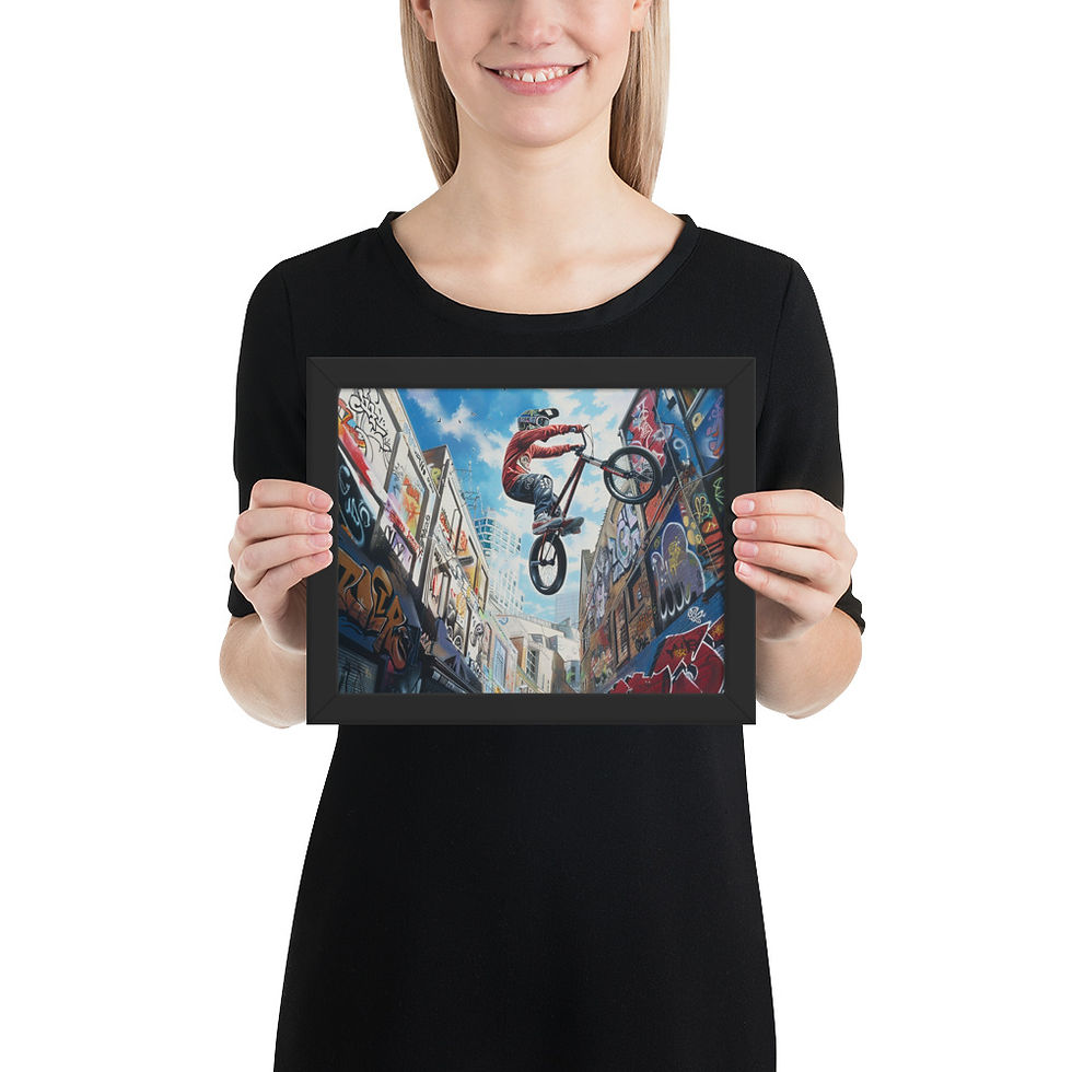 Urban BMX Thrill black-framed poster held by a woman: a helmeted cyclist jumping in a narrow city alley