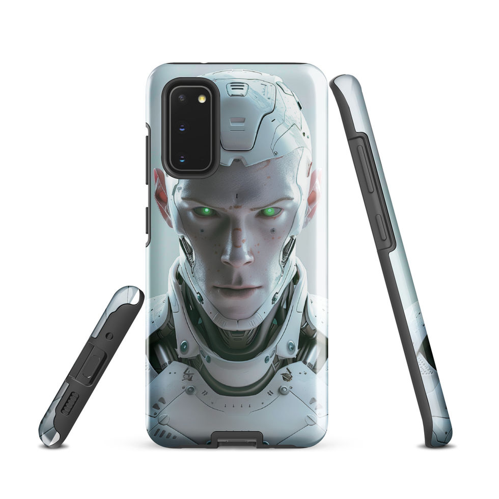 Symmetrical robot portrait with pearl-white facial armour; front product view on a Samsung® Tough Case.