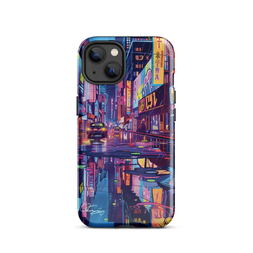 Cyber Rain neon city in the rain artwork on a protective tough iPhone case — gallery view 10