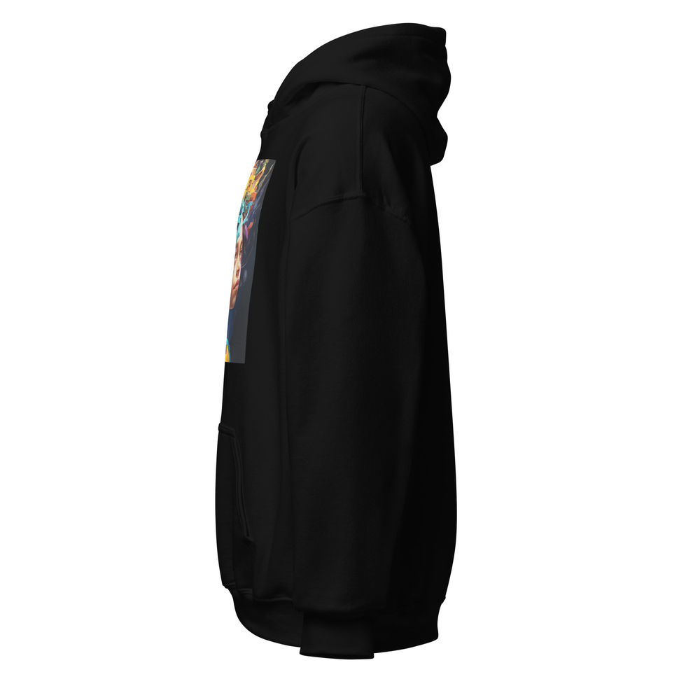 Fragmented Dreamer: black unisex hoodie showing left sleeve and side